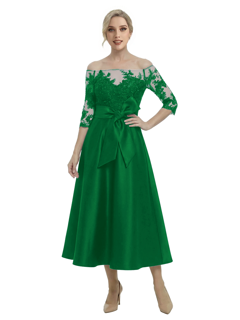 Unique Off Shoulder Tea-Length Satin Mother Of The Bride Dress With Lace Illusion
