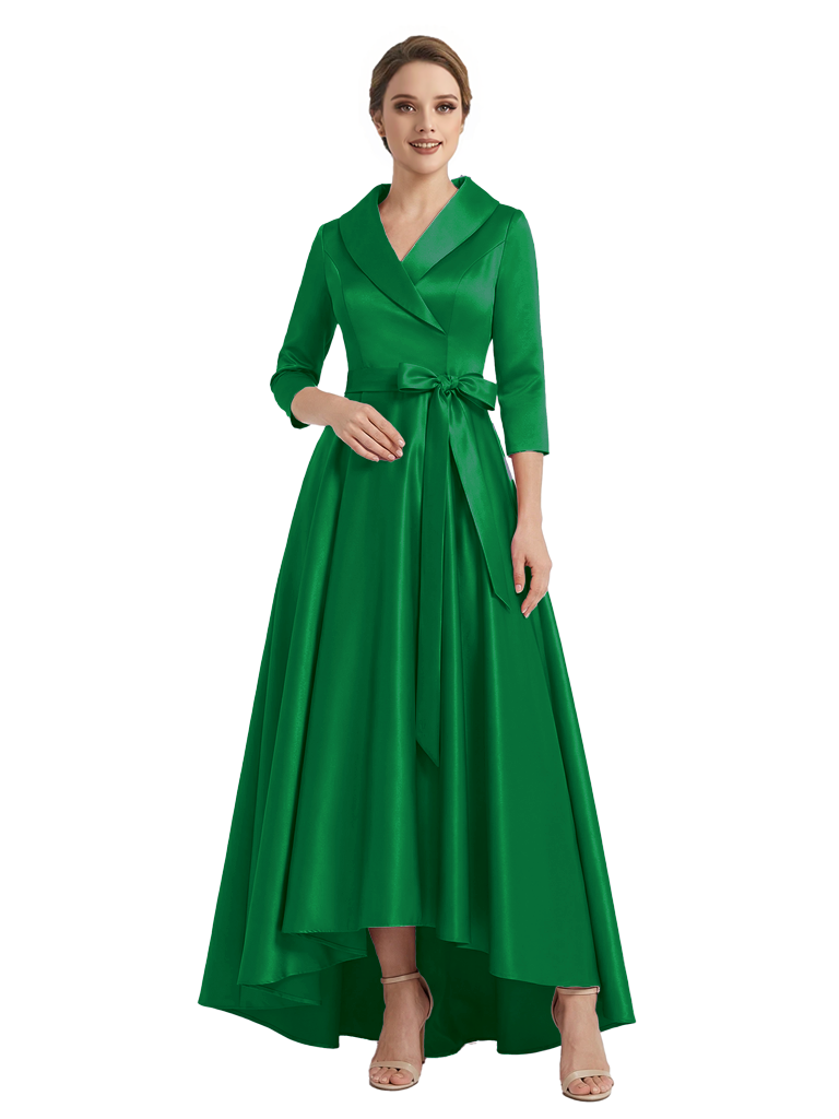 Modern High-Low 3/4 Sleeves Satin Mother Of The Bride Dress With Bow Knot