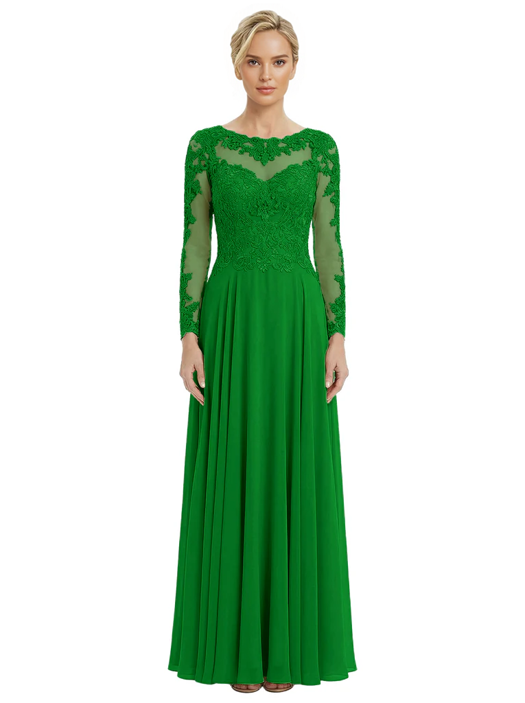 Mother of The Bride Dresses Scoop Long Sleeve Lace Chiffon Maxi Gown Pretty Embroidered Formal Wedding Event Attire