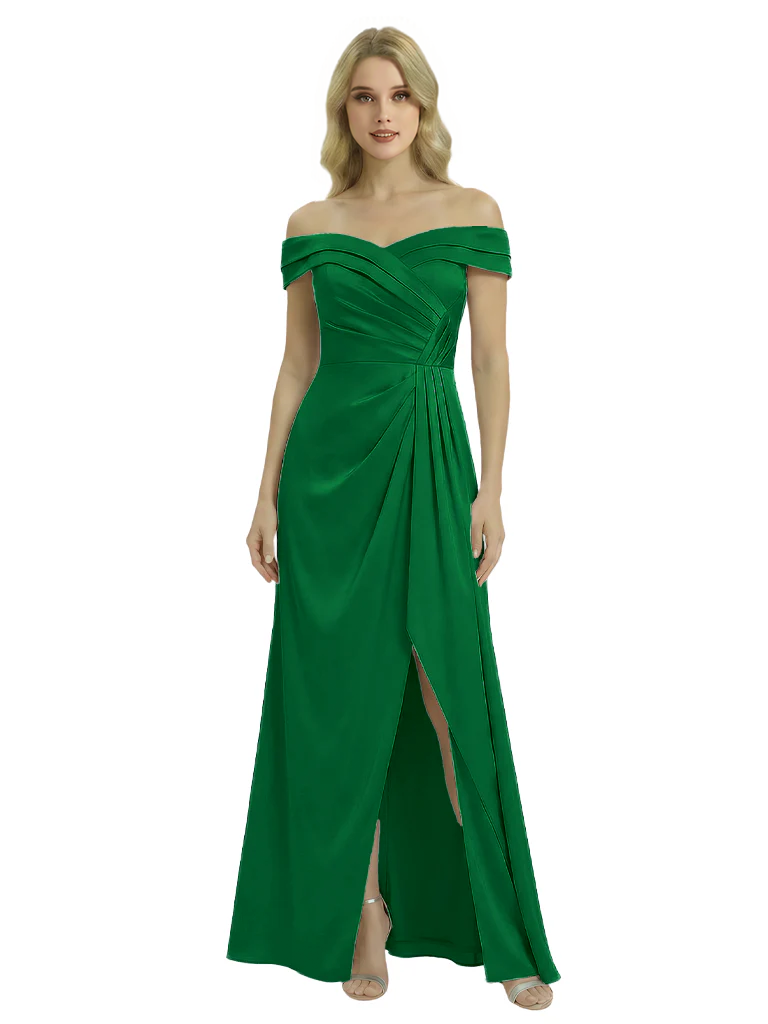 Off The Shoulder Mother Of The Groom Dresses Side Slit Satin Ruched A-Line Gown