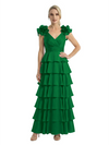 Mother of The Bride Dresses V-Neck Sleeveless Satin Tiered Maxi Gown Unique Flower Detailed Formal Wedding Event Attire