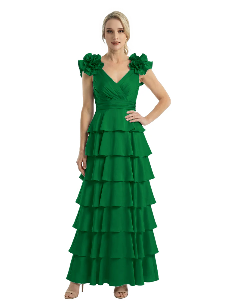Mother of The Bride Dresses V-Neck Sleeveless Satin Tiered Maxi Gown Unique Flower Detailed Formal Wedding Event Attire