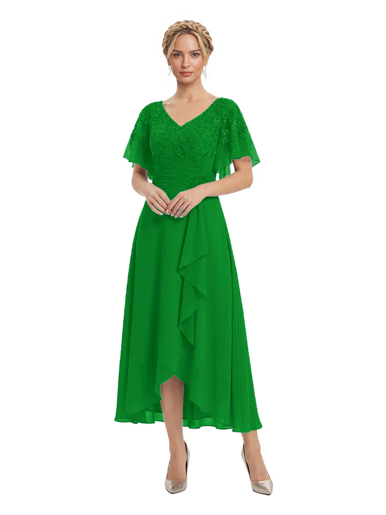 Unique Flutter Sleeves Lace Beaded Short Mother of the Groom Dresses
