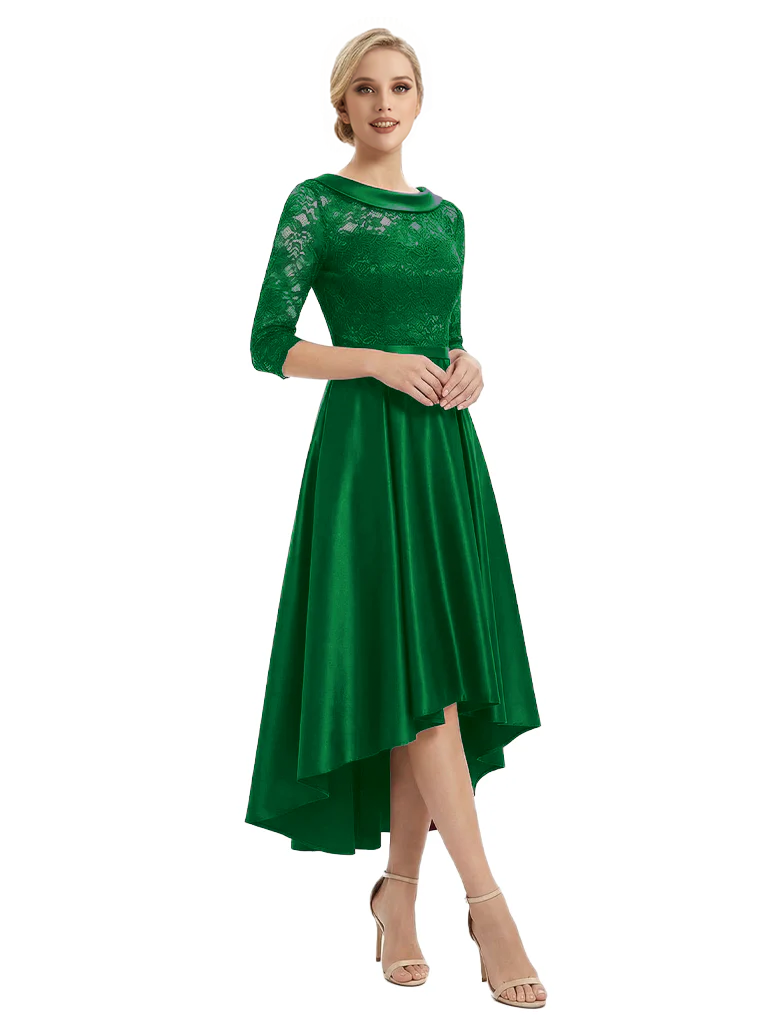 Elegant Boat Neck Satin Lace Mother Of The Bride Dresses High-Low A-Line Gowns