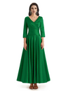 Elegant Soft Satin 3/4 Sleeves V-Neck Ankle Length Mother of The Bride Dresses