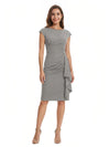 Mother of The Bride Dress Beautiful Jewel Cap Sleeve Crepe Sheath Midi Gown Ruffled Stylish Design