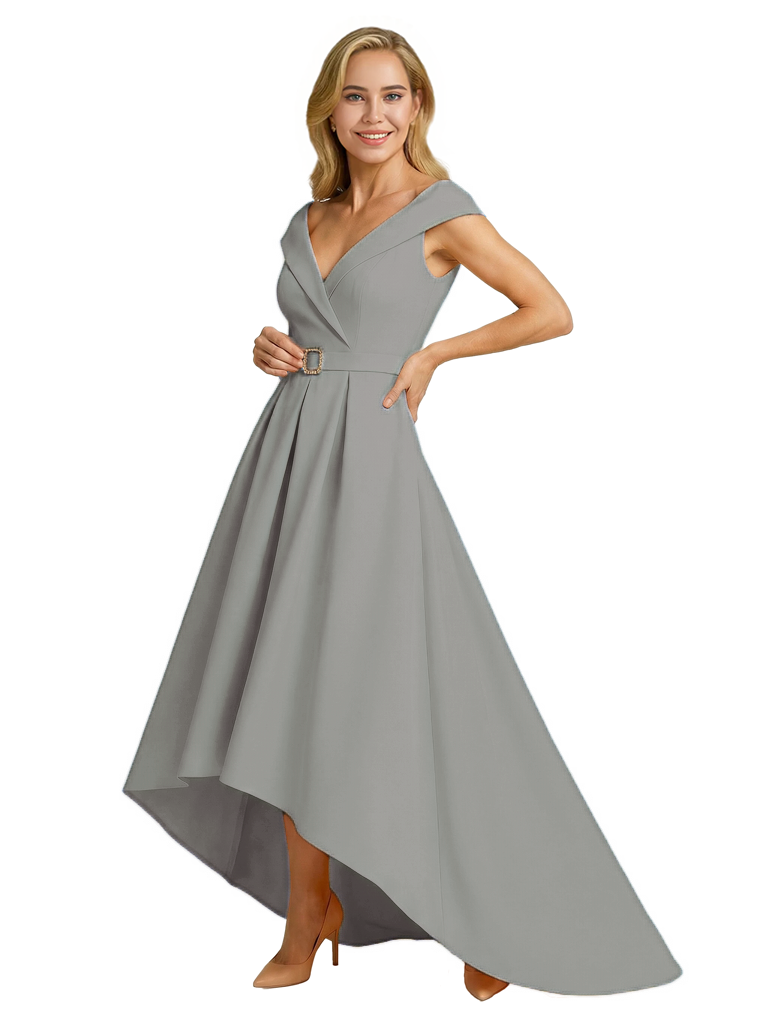 Mother of The Groom Dress Fancy Cap Sleeve Crepe High-Low A-Line Gown Elegant Belt Accent