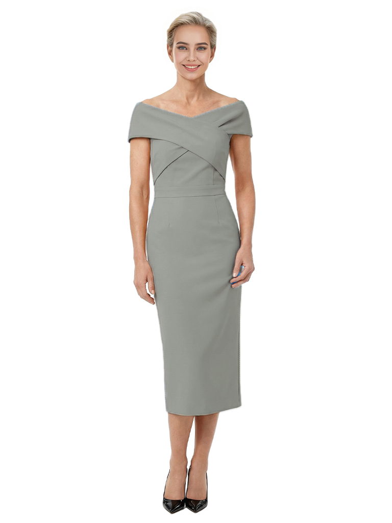Mother of The Bride Dress Classy Off Shoulder Crepe Sheath Midi Gown Modern Wrap Detail