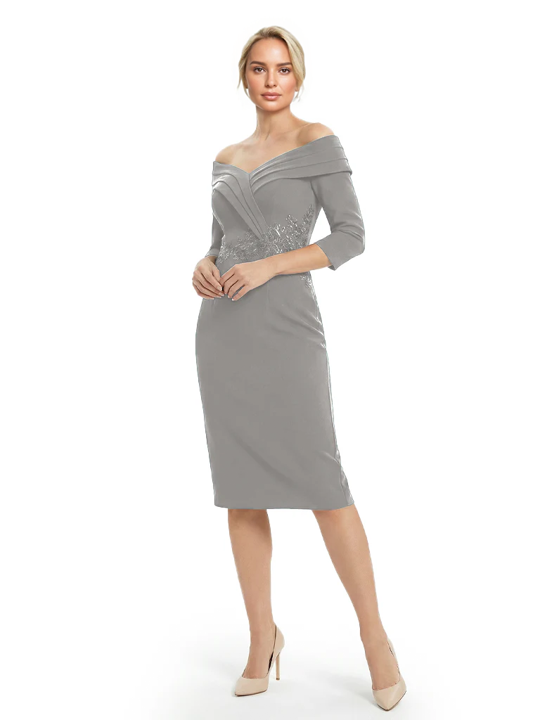 Mother of The Groom Dresses Off The Shoulder 3/4 Sleeve Satin Sheath Midi Dress Pretty Lace Detailed Formal Bridal Party Attire