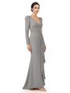 V-Neck Long Sleeves Ruffle Crepe Mother Of The Groom Dress Mermaid