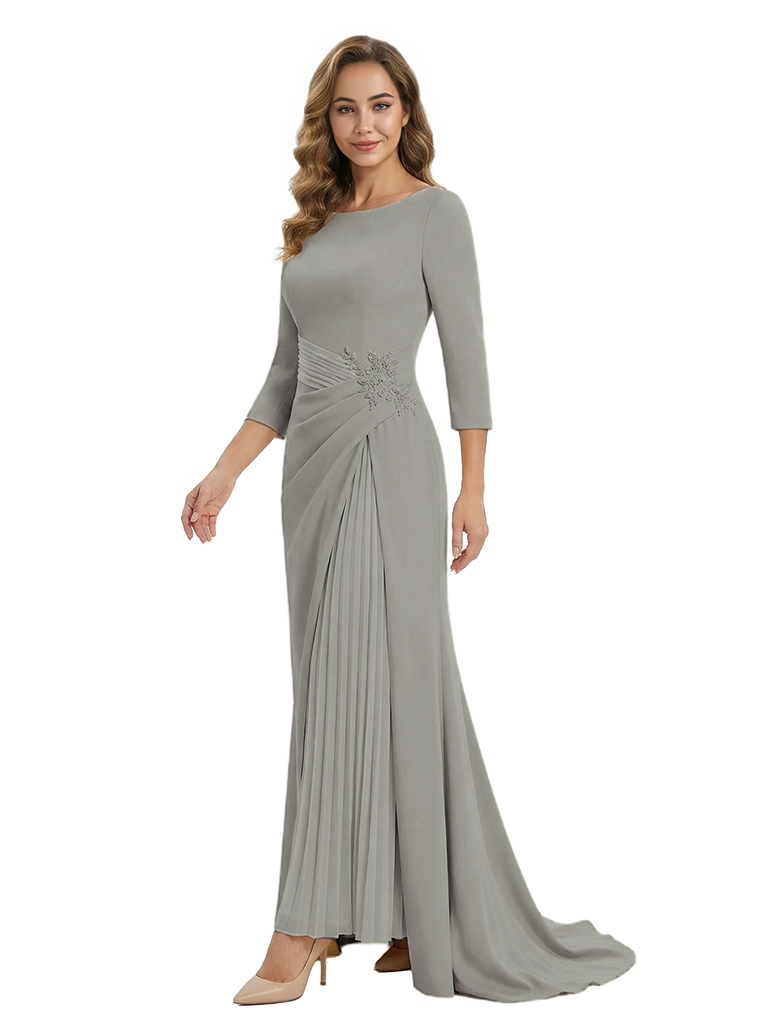Mother of The Groom Dress Elegant Crew Scoop 3/4 Sleeve Crepe Maxi Gown Pleated Detail Classy Look