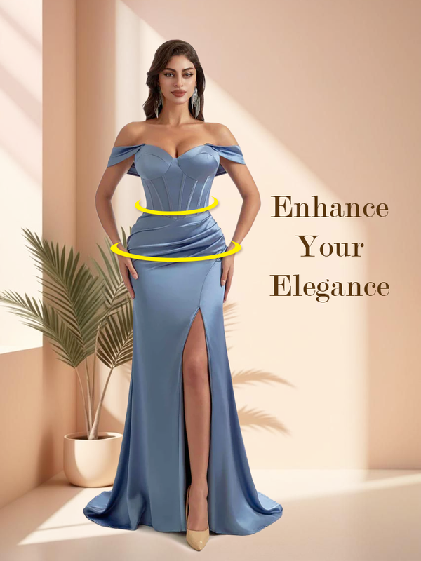 Elegant Mermaid Off Shoulder Side Slit V-neck Pleats Soft Satin Long Bridesmaid Dress for Wedding