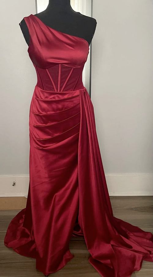 Sexy One Shoulder Mermaid Side Slit Soft Satin Long Matron of Honor Dress For Wedding