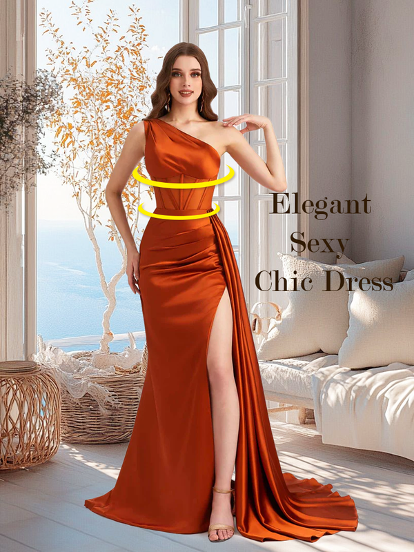 Sexy One Shoulder Mermaid Side Slit Soft Satin Long Matron of Honor Dress For Wedding