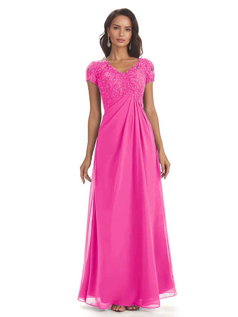 Elegant Short Sleeves Beaded Pleats A-line Floor-Length Mother of The Bride Dresses