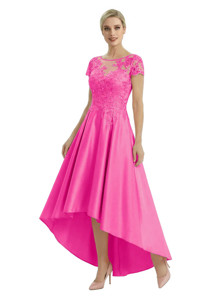 Elegant Mother of The Bride Dress Scoop Short Sleeve Lace Satin High-Low A-Line Gown