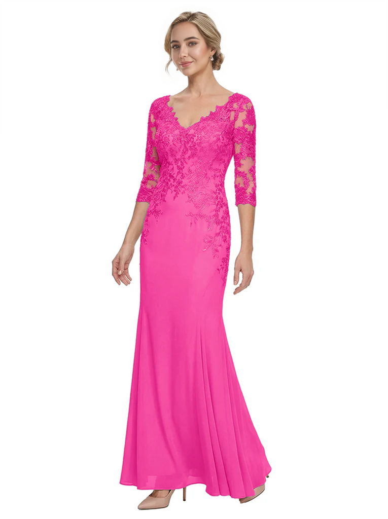 Mother of The Bride Gown V-Neck Half Sleeve Lace Chiffon Trumpet Maxi Dress Unique Sophisticated