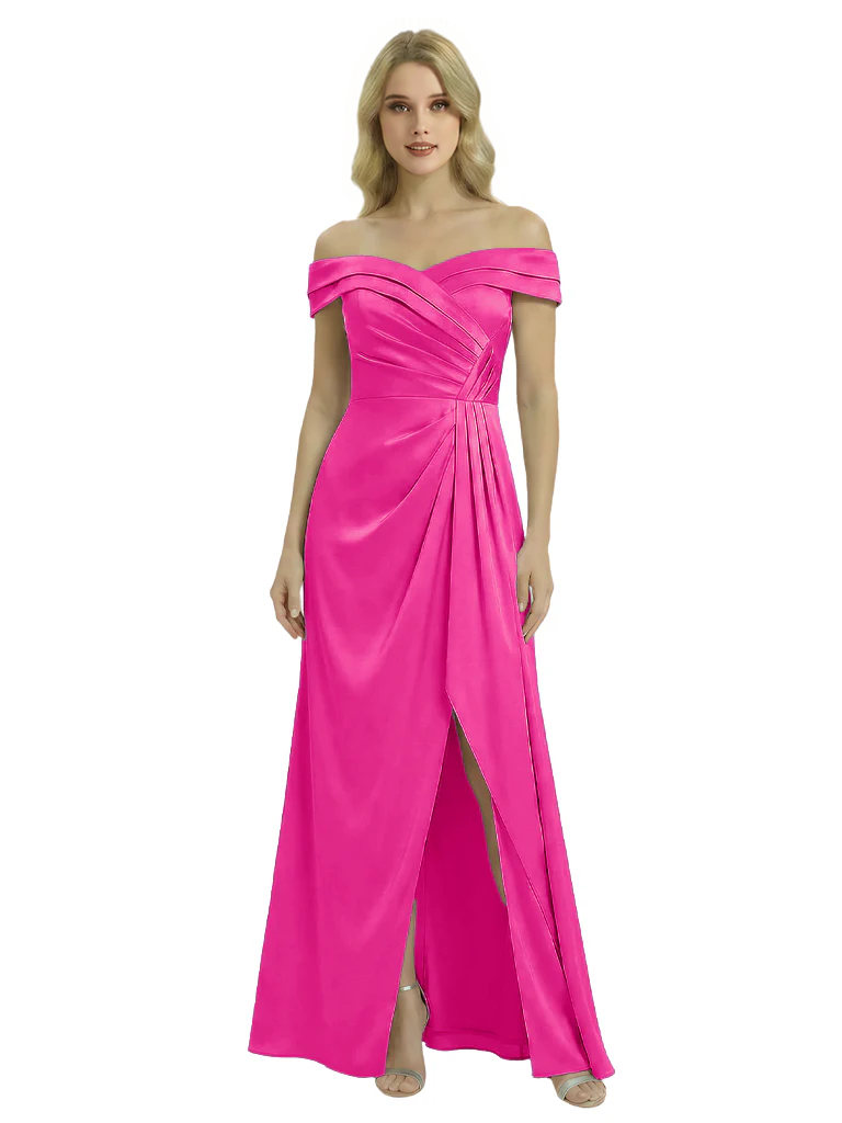 Off The Shoulder Mother Of The Groom Dresses Side Slit Satin Ruched A-Line Gown