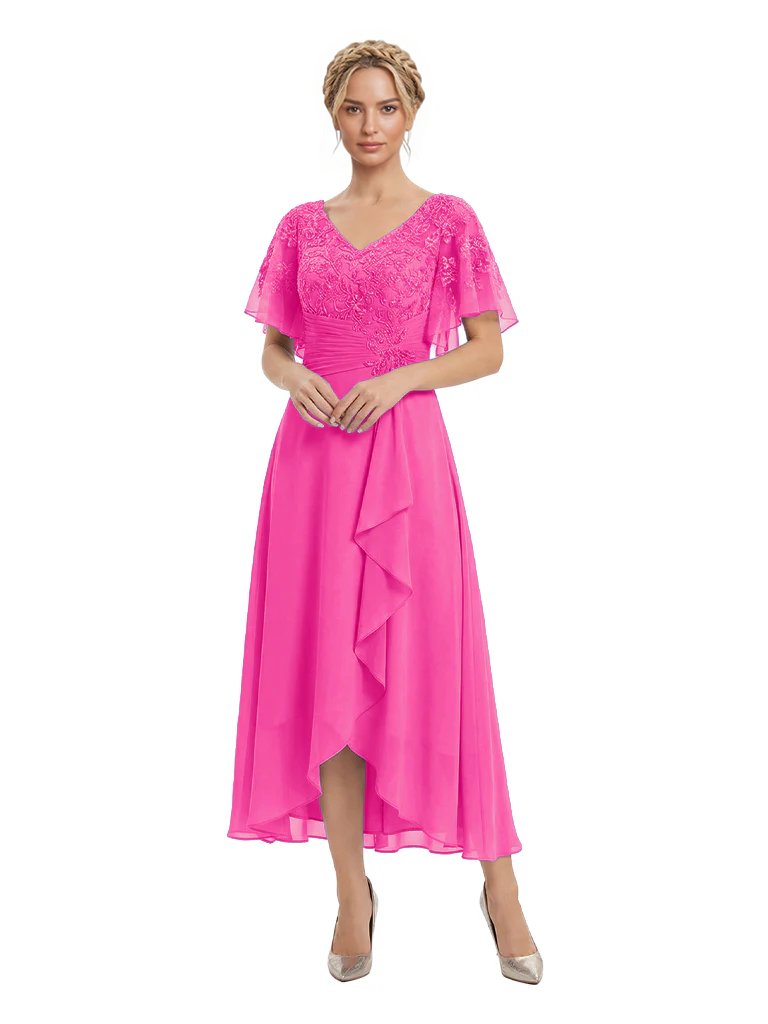 Unique Flutter Sleeves Lace Beaded Short Mother of the Groom Dresses
