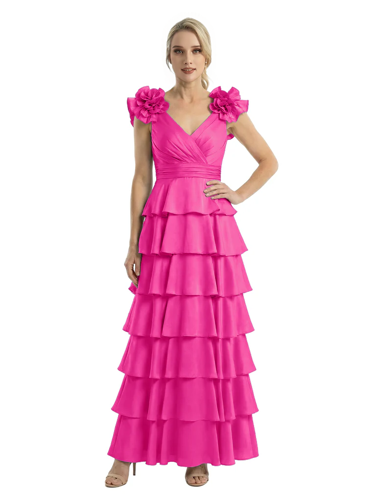 Cetims Mother of The Bride Dresses V Neck Sleeveless Satin Tiered Maxi Gown Unique Flower Detailed Formal Wedding Event Attire Fuchsia