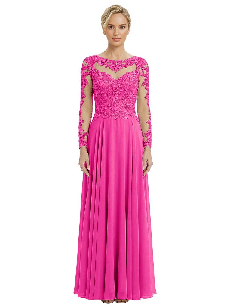 Mother of The Bride Dresses Scoop Long Sleeve Lace Chiffon Maxi Gown Pretty Embroidered Formal Wedding Event Attire