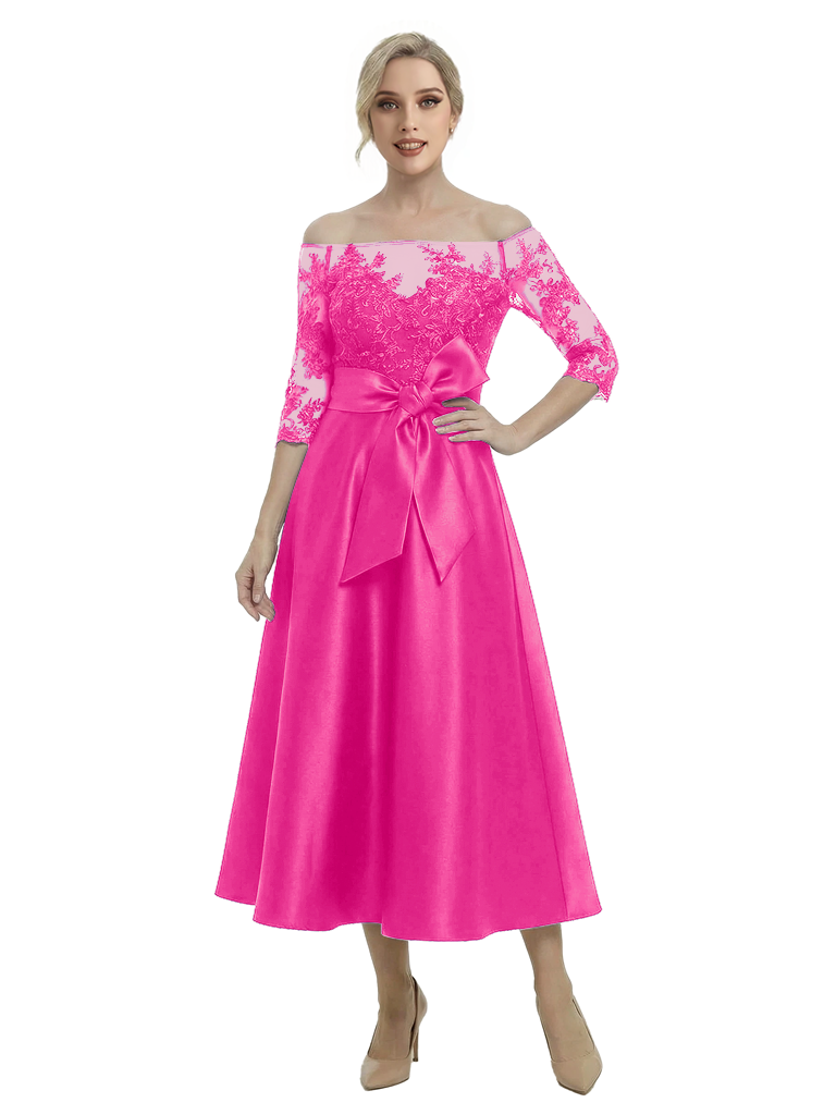 Unique Off Shoulder Tea-Length Satin Mother Of The Bride Dress With Lace Illusion