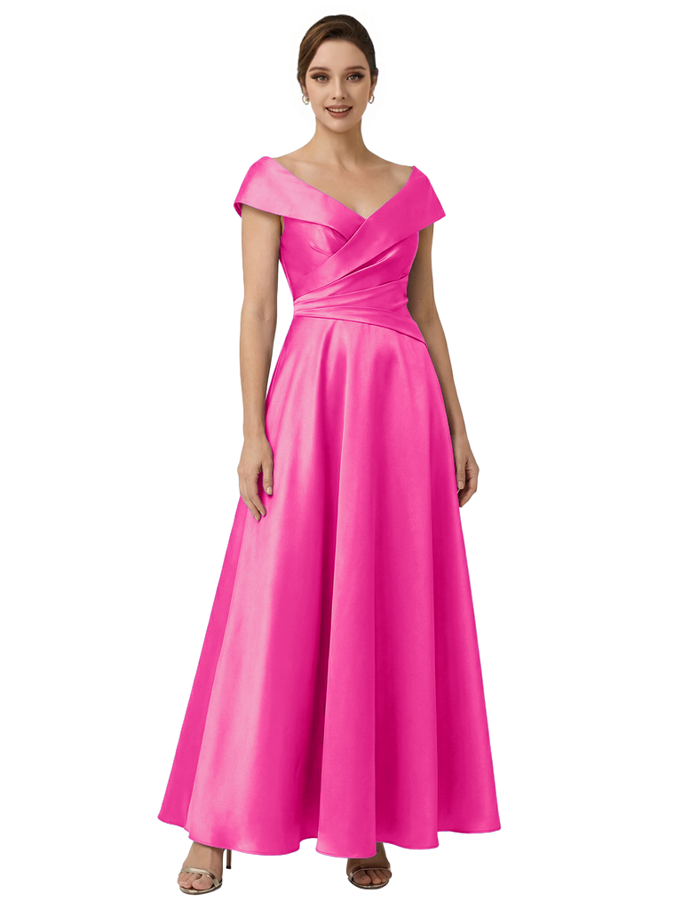 Sophisticated Off Shoulder Sleeveless A-Line Satin Mother Of The Bride Dress