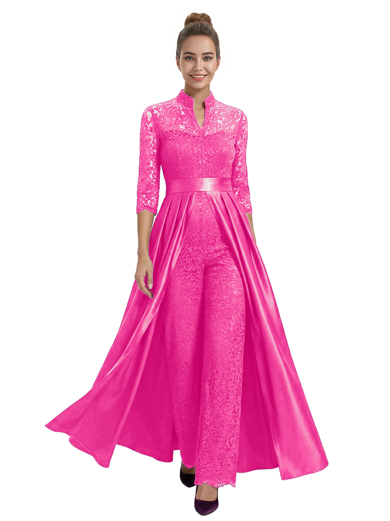 Mother of The Groom Outfit V-Neck 3/4 Sleeve Lace Pantsuit Satin Overskirt