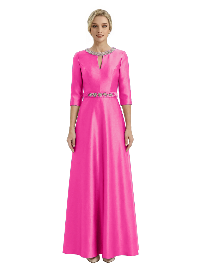 Sophisticated 3/4 Sleeves Beaded A-Line Satin Mother Of The Bride Dress