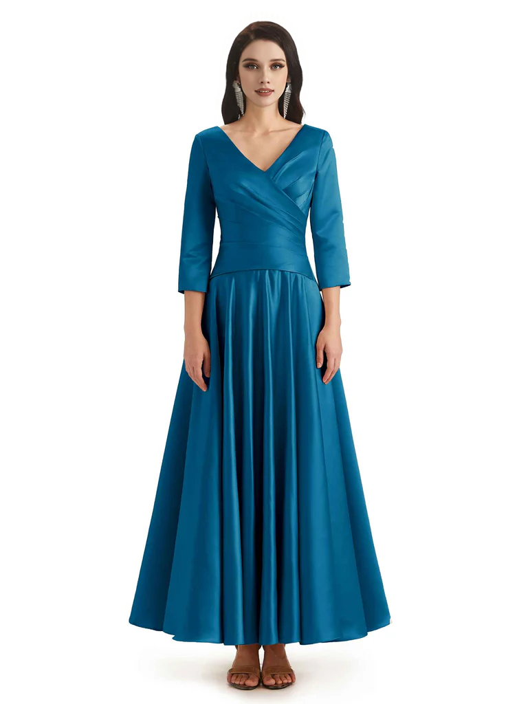 Elegant Soft Satin 3/4 Sleeves V-Neck Ankle Length Mother of The Bride Dresses