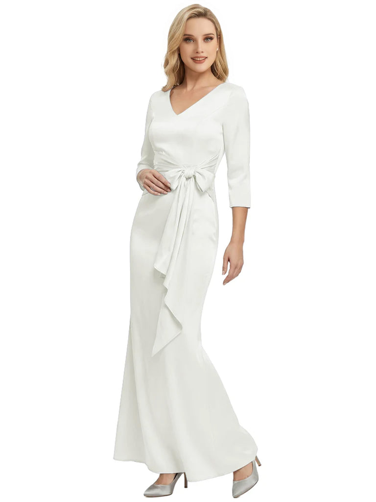 Mother of The Bride Dress Elegant V-Neck 3/4 Sleeve Satin Trumpet Maxi Gown