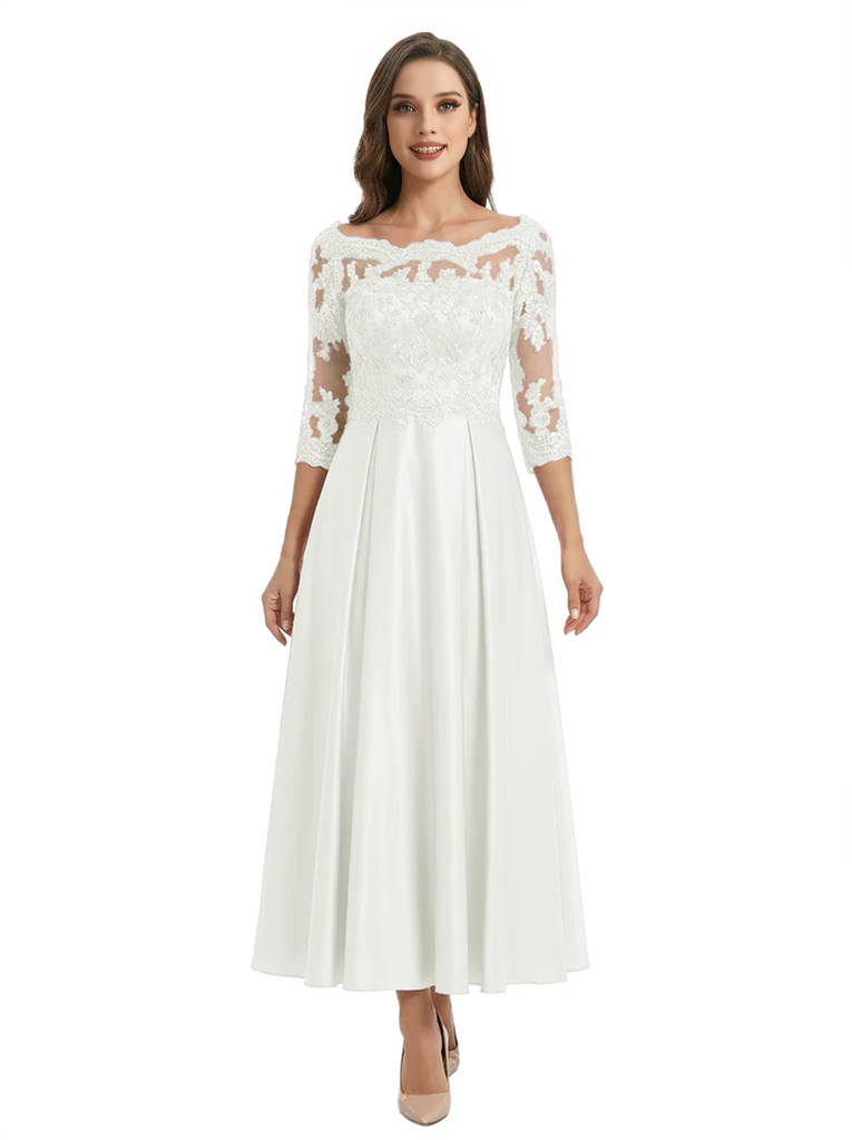 Mother of The Groom Dress Off Shoulder 3/4 Sleeve Lace Satin Midi Gown Classy Pleated