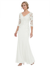 Mother of The Bride Gown V-Neck Half Sleeve Lace Chiffon Trumpet Maxi Dress Unique Sophisticated