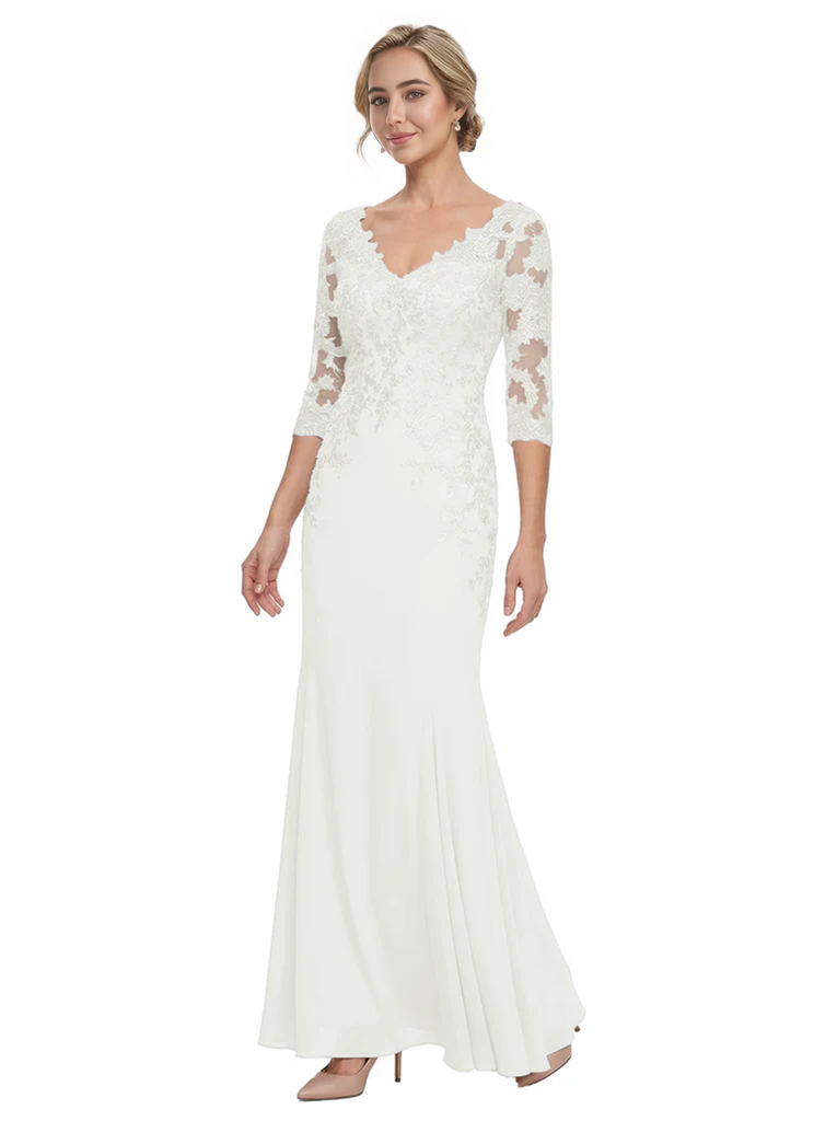 Mother of The Bride Gown V-Neck Half Sleeve Lace Chiffon Trumpet Maxi Dress Unique Sophisticated