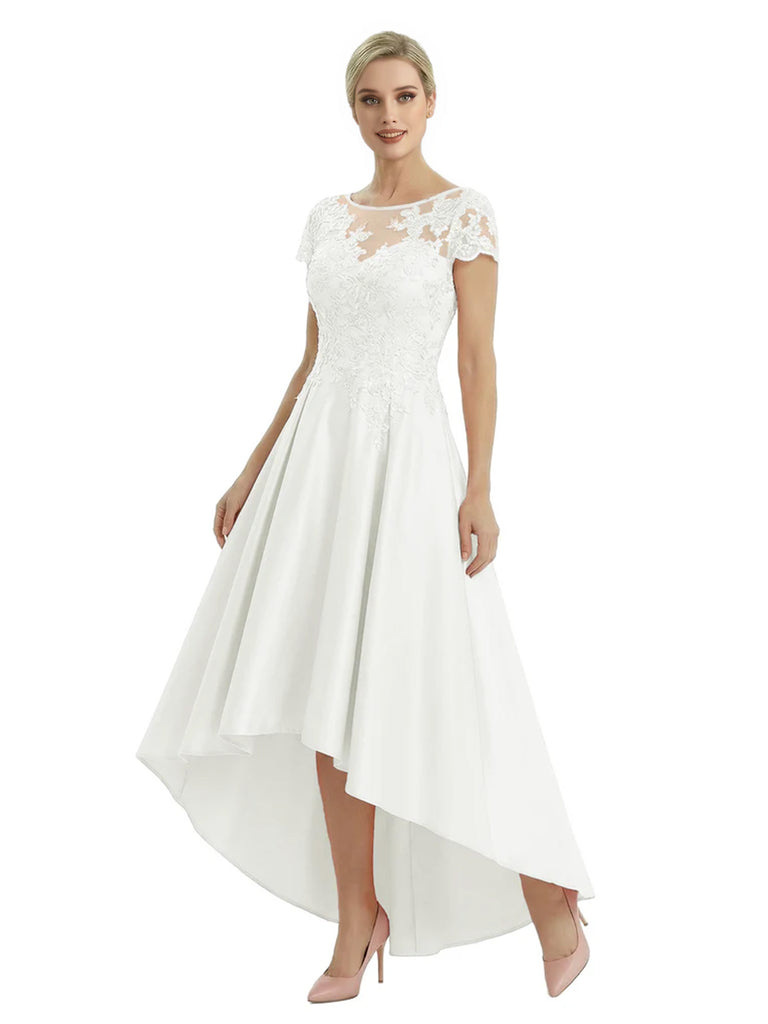 Elegant Mother of The Bride Dress Scoop Short Sleeve Lace Satin High-Low A-Line Gown