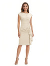 Mother of The Bride Dress Beautiful Jewel Cap Sleeve Crepe Sheath Midi Gown Ruffled Stylish Design