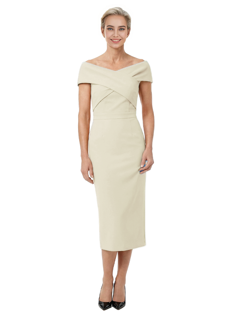 Mother of The Bride Dress Classy Off Shoulder Crepe Sheath Midi Gown Modern Wrap Detail