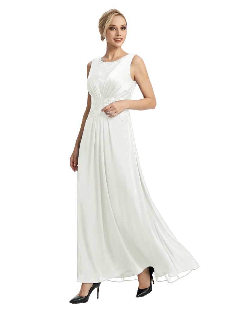 Mother of The Bride Dresses Scoop Sleeveless Lace Chiffon Maxi Gown Classy Ruched Formal Wedding Event Dress