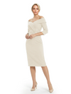 Mother of The Groom Dresses Off The Shoulder 3/4 Sleeve Satin Sheath Midi Dress Pretty Lace Detailed Formal Bridal Party Attire