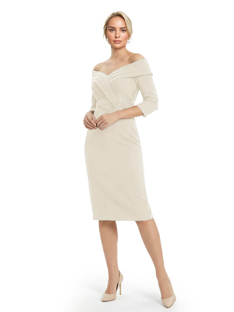 Mother of The Groom Dresses Off The Shoulder 3/4 Sleeve Satin Sheath Midi Dress Pretty Lace Detailed Formal Bridal Party Attire