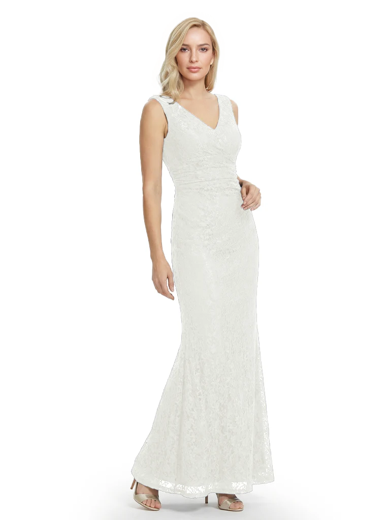 Mother of The Bride Dresses V-Neck Sleeveless Lace Mermaid Maxi Gown Elegant Flowy Formal Wedding Event Dress
