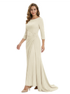 Mother of The Groom Dress Elegant Crew Scoop 3/4 Sleeve Crepe Maxi Gown Pleated Detail Classy Look