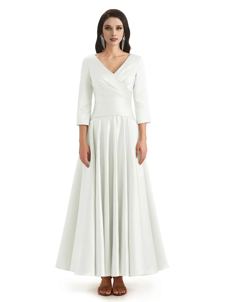 Elegant Soft Satin 3/4 Sleeves V-Neck Ankle Length Mother of The Bride Dresses