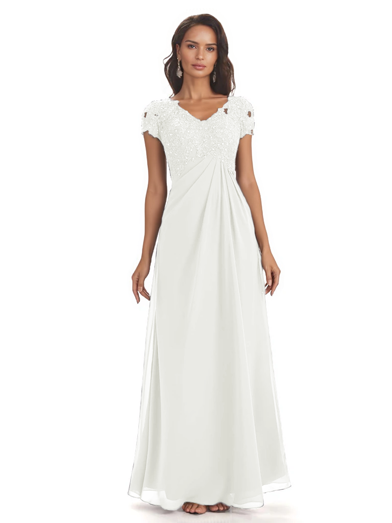 Elegant Short Sleeves Beaded Pleats A-line Floor-Length Mother of The Bride Dresses