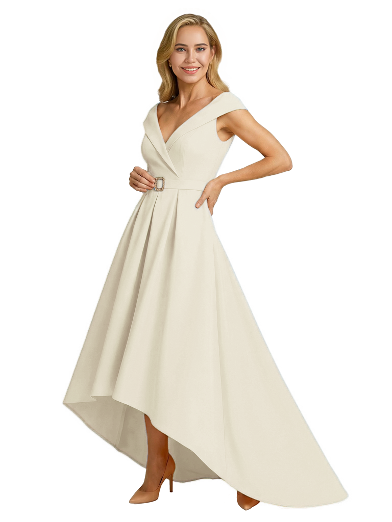 Mother of The Groom Dress Fancy Cap Sleeve Crepe High-Low A-Line Gown Elegant Belt Accent