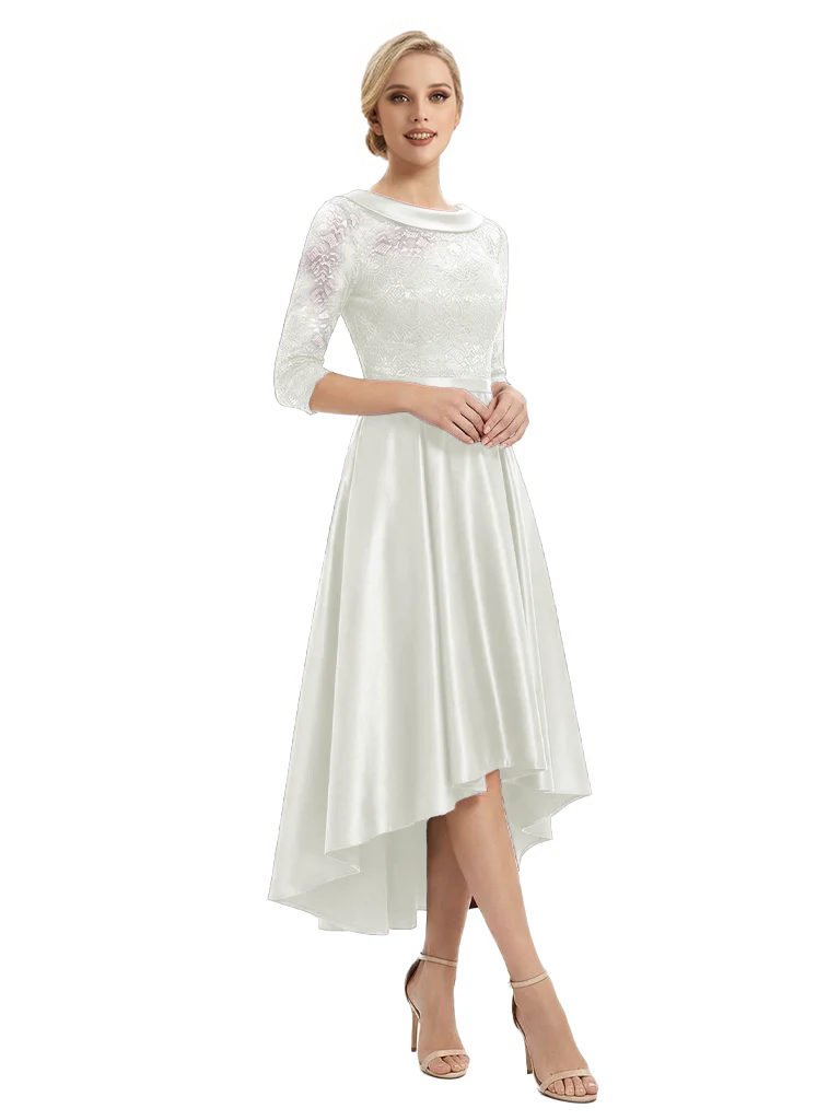 Elegant Boat Neck Satin Lace Mother Of The Bride Dresses High-Low A-Line Gowns