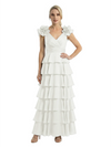 Mother of The Bride Dresses V-Neck Sleeveless Satin Tiered Maxi Gown Unique Flower Detailed Formal Wedding Event Attire