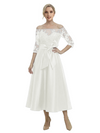 Unique Off Shoulder Tea-Length Satin Mother Of The Bride Dress With Lace Illusion