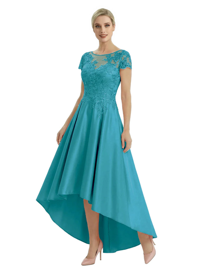 Elegant Mother of The Bride Dress Scoop Short Sleeve Lace Satin High-Low A-Line Gown