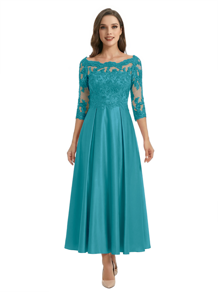 Mother of The Groom Dress Off Shoulder 3/4 Sleeve Lace Satin Midi Gown Classy Pleated
